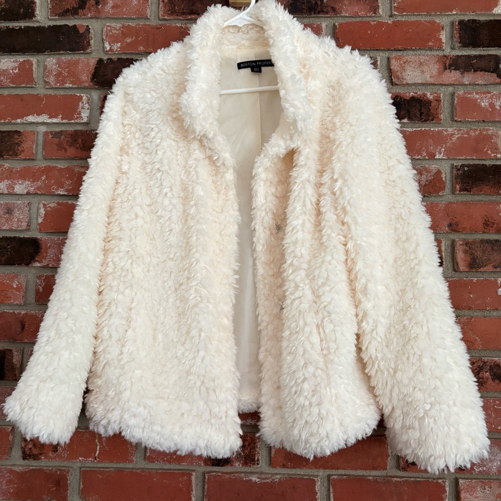 Boston Proper Faux Fur Shaggy Textured Teddy Jacket Ivory Winter White Sz S